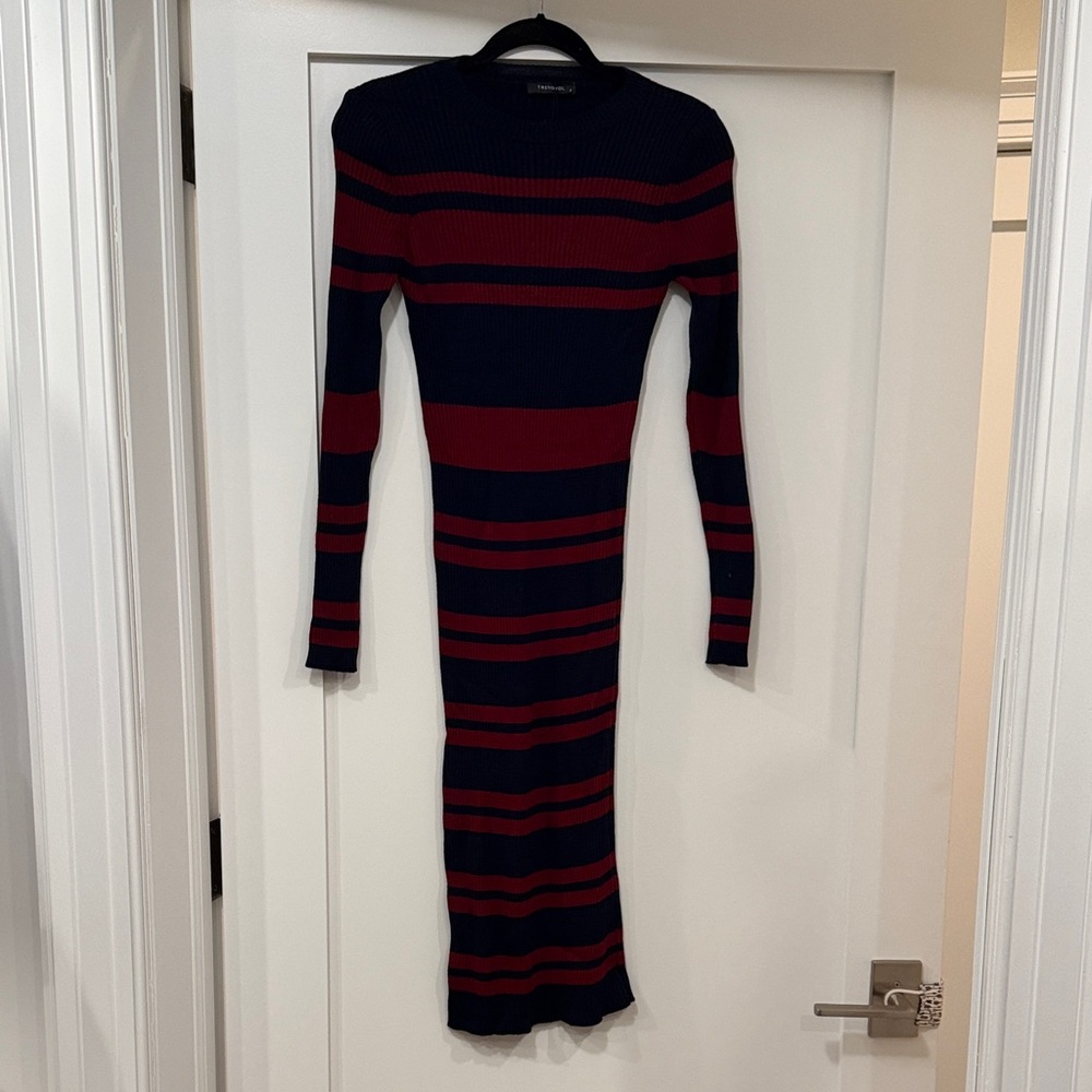 Trendyol Striped Navy and Red Sweater Knit Dress, Small